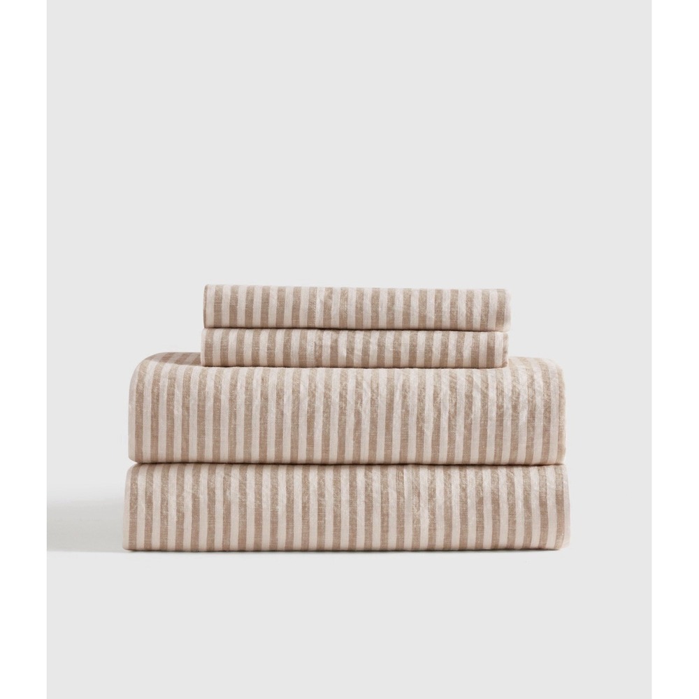 NEW QUINCE EUROPEAN LINEN SHEET SET 4 PIECE LATTE WHITE STRIPE KING MSRP $204